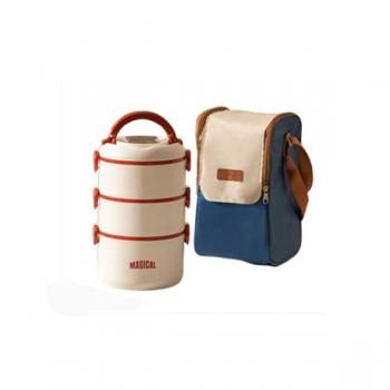 日式304不鏽鋼三層保溫飯盒便當盒附贈湯匙+保溫袋-微波款2500ML